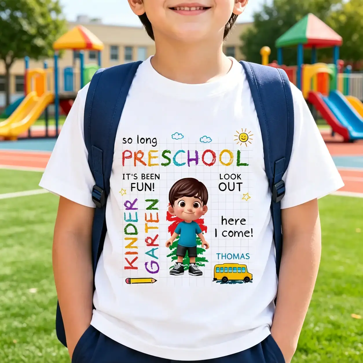 Personalized Youth Tee with Cartoon Kid & School Bus for Back to School, Unique Gift for Kids