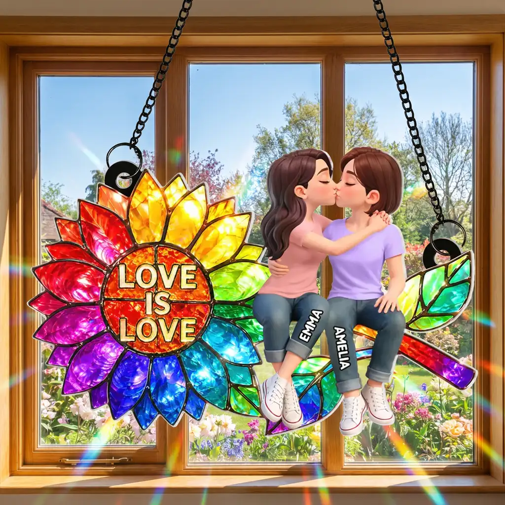 Personalized Acrylic Suncatcher Ornament, Love is Love Rainbow Sunflower with Kissing Couple, Unique LGBTQ Gift