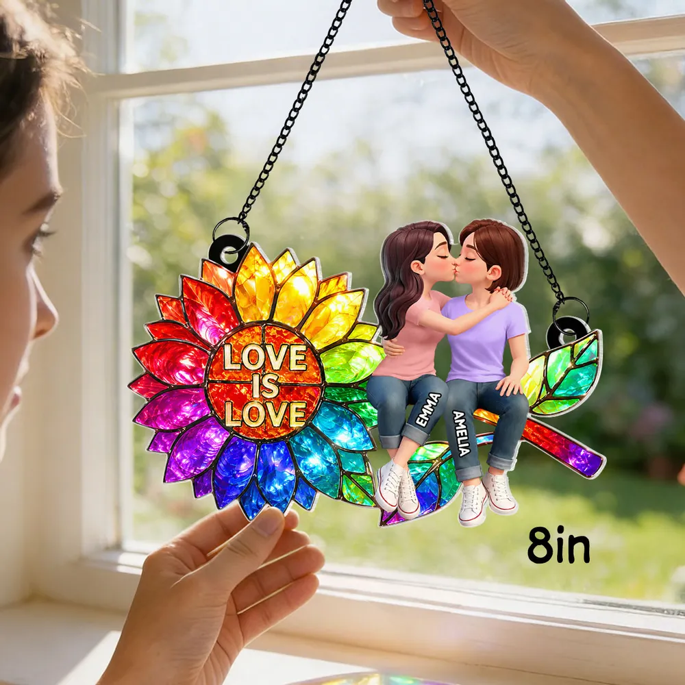 Personalized Acrylic Suncatcher Ornament, Love is Love Rainbow Sunflower with Kissing Couple, Unique LGBTQ Gift - Image 2