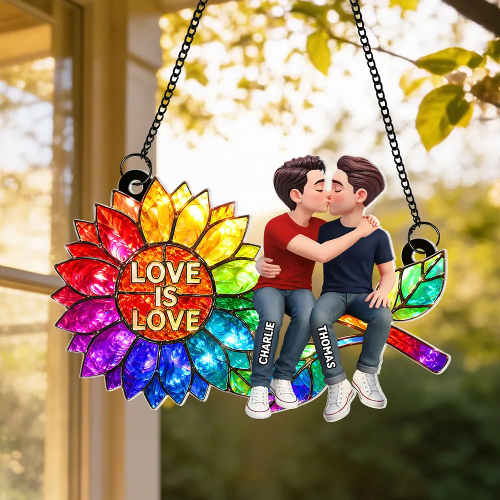 Personalized Acrylic Suncatcher Ornament, Love is Love Rainbow Sunflower with Kissing Couple, Unique LGBTQ Gift - Image 3