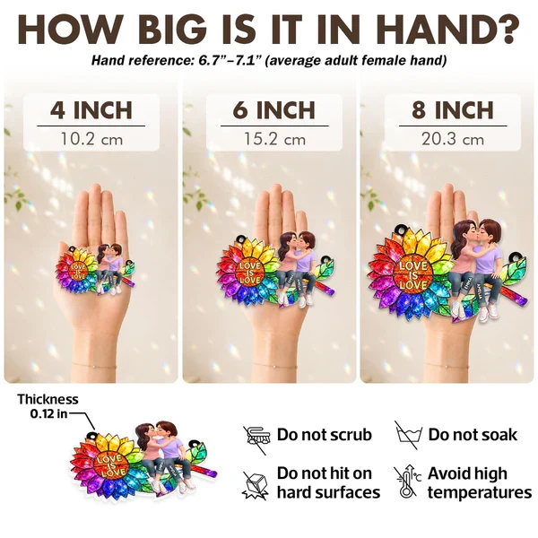 Personalized Acrylic Suncatcher Ornament, Love is Love Rainbow Sunflower with Kissing Couple, Unique LGBTQ Gift - Image 4