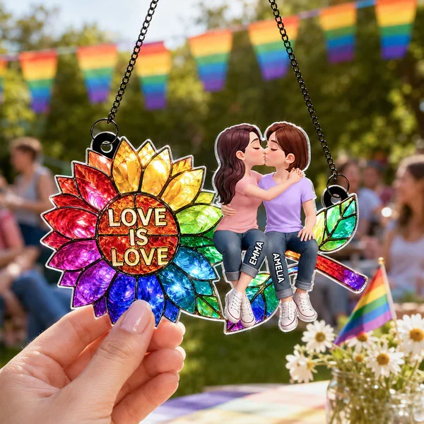 Personalized Acrylic Suncatcher Ornament, Love is Love Rainbow Sunflower with Kissing Couple, Unique LGBTQ Gift - Image 5
