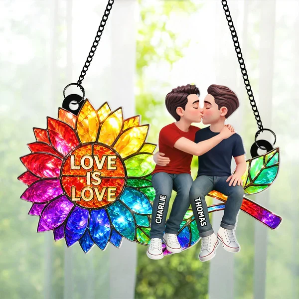 Personalized Acrylic Suncatcher Ornament, Love is Love Rainbow Sunflower with Kissing Couple, Unique LGBTQ Gift - Image 6