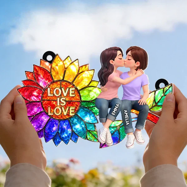 Personalized Acrylic Suncatcher Ornament, Love is Love Rainbow Sunflower with Kissing Couple, Unique LGBTQ Gift - Image 7