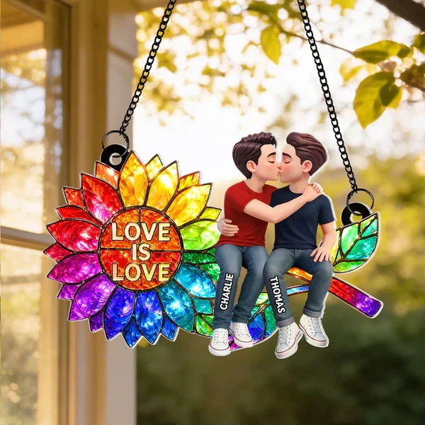 Personalized Acrylic Suncatcher Ornament, Love is Love Rainbow Sunflower with Kissing Couple, Unique LGBTQ Gift - Image 8
