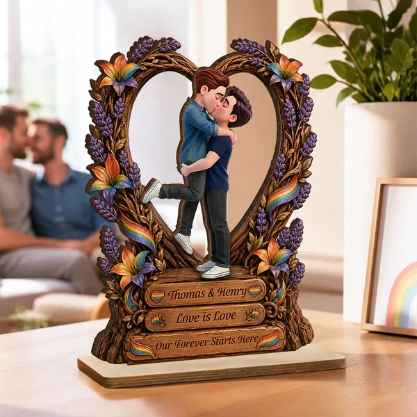 Personalized Wooden Plaque, Kissing LGBT Couple With Rainbow Flag, Unique Creative Gift for Couple - Image 5