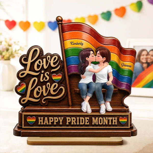 Personalized 2-Layer Wooden Plaque, LGBTQ Couple Kissing by Rainbow Flag, Unique Pride Month Gift - Image 2