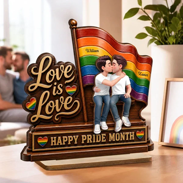Personalized 2-Layer Wooden Plaque, LGBTQ Couple Kissing by Rainbow Flag, Unique Pride Month Gift - Image 3