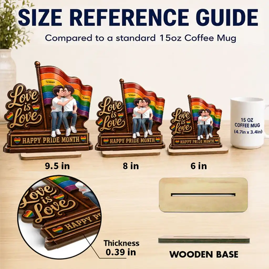 Personalized 2-Layer Wooden Plaque, LGBTQ Couple Kissing by Rainbow Flag, Unique Pride Month Gift - Image 4