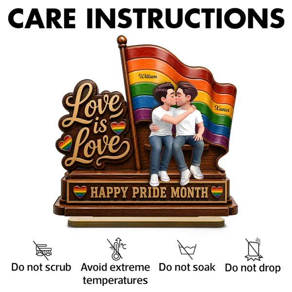 Personalized 2-Layer Wooden Plaque, LGBTQ Couple Kissing by Rainbow Flag, Unique Pride Month Gift - Image 5
