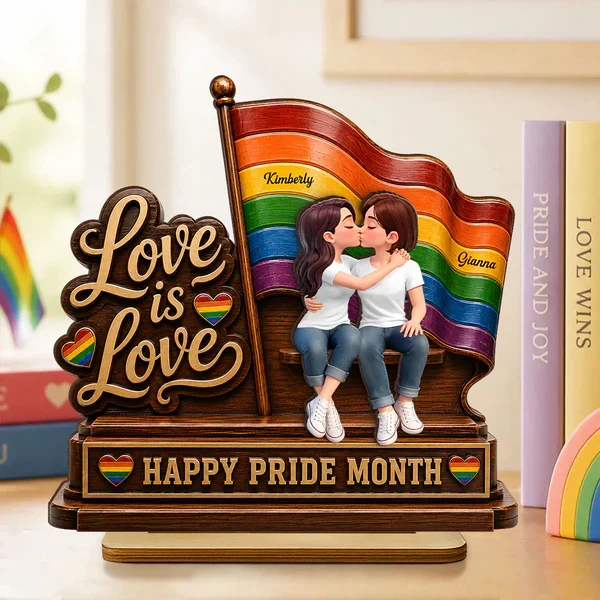 Personalized 2-Layer Wooden Plaque, LGBTQ Couple Kissing by Rainbow Flag, Unique Pride Month Gift - Image 6
