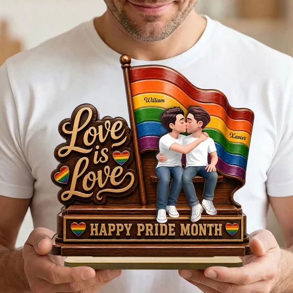 Personalized 2-Layer Wooden Plaque, LGBTQ Couple Kissing by Rainbow Flag, Unique Pride Month Gift - Image 7