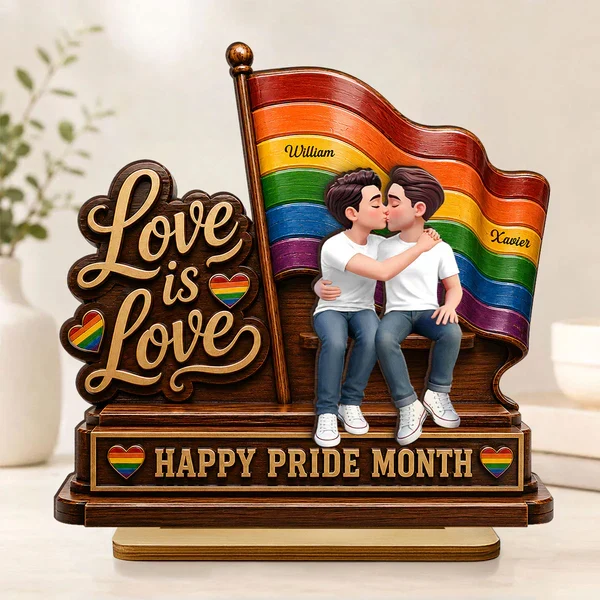 Personalized 2-Layer Wooden Plaque, LGBTQ Couple Kissing by Rainbow Flag, Unique Pride Month Gift - Image 8