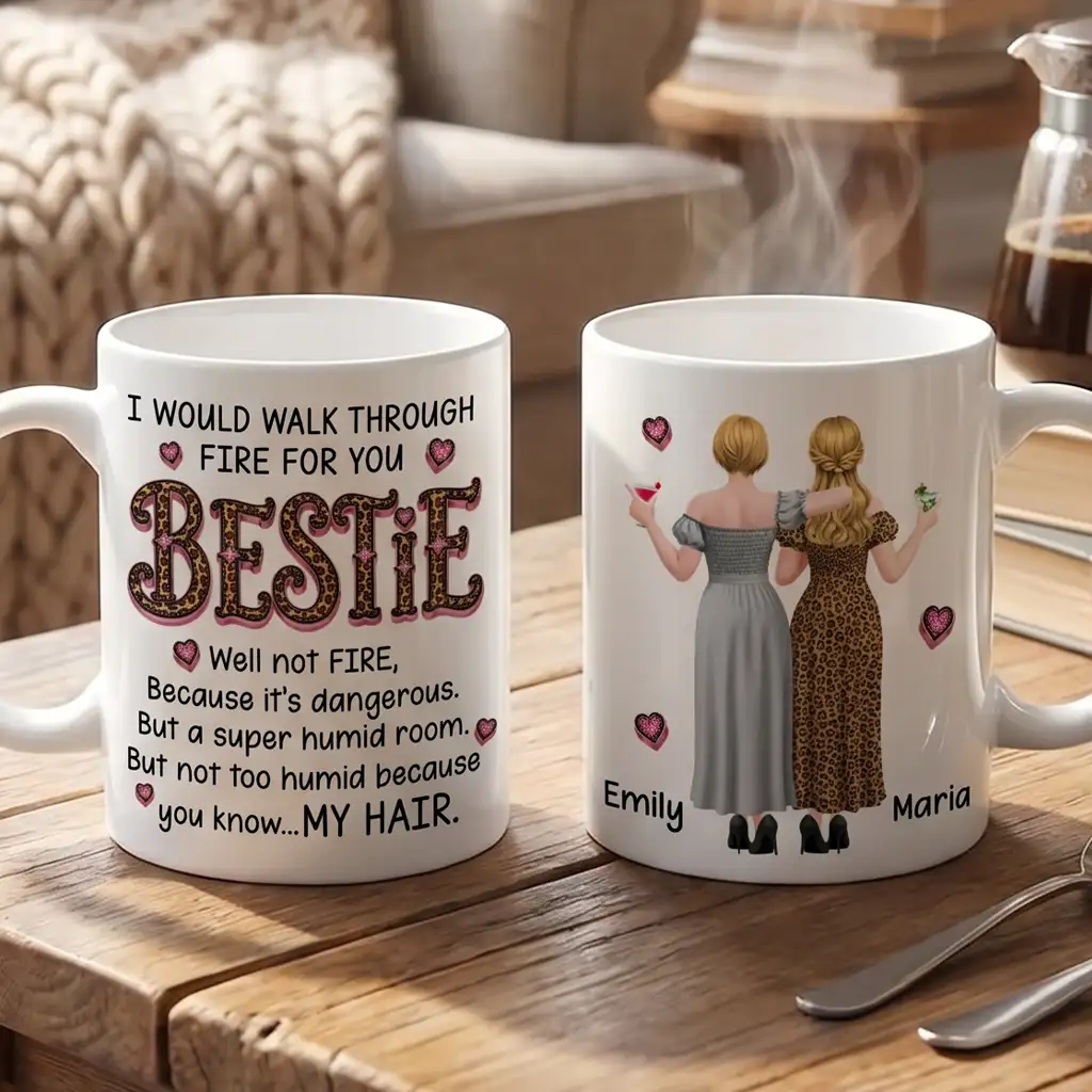 Personalized Bestie Ceramic Mug With Funny Fire Quote & Back View Friends, Unique Gift for Best Friend