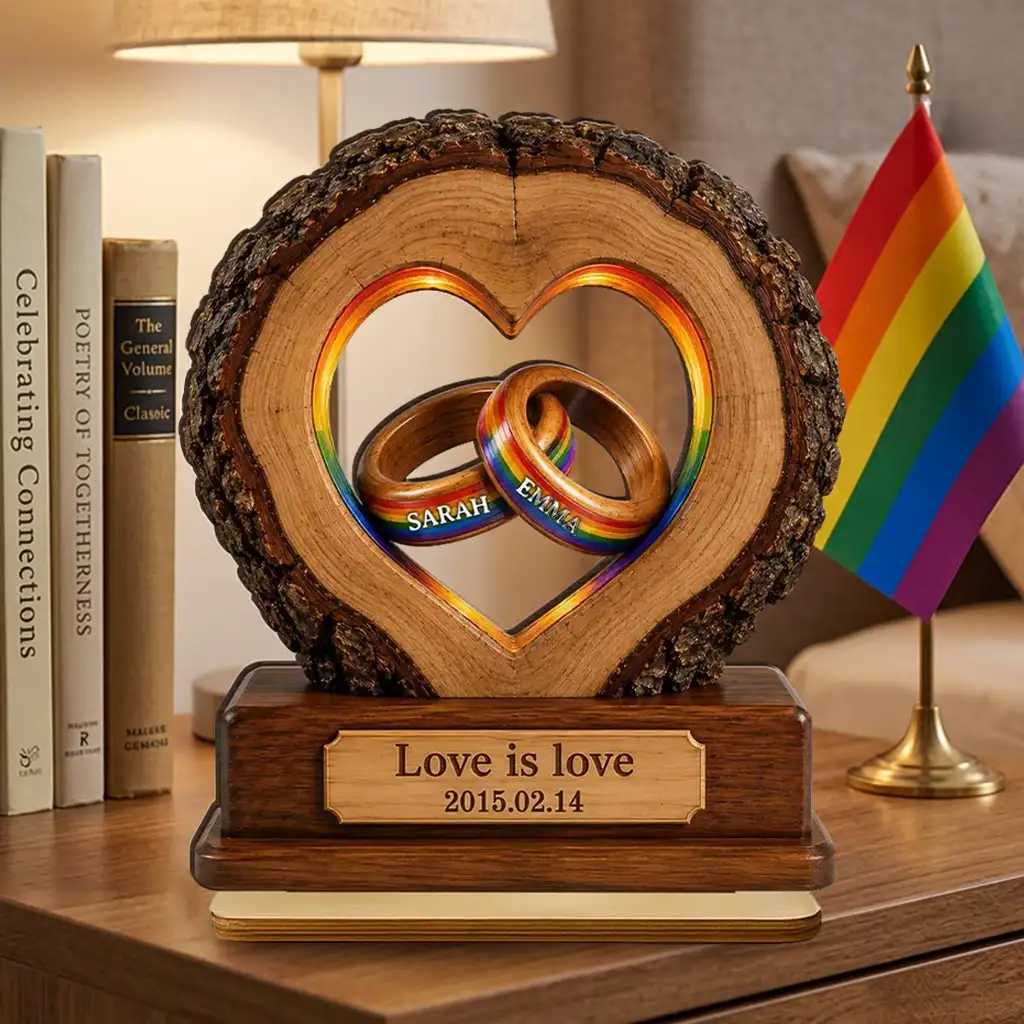 Personalized 2-Layer Wooden Plaque with Rainbow Rings, Unique Gift for LGBTQ Couple Anniversary