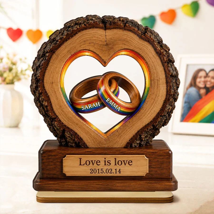 Personalized 2-Layer Wooden Plaque with Rainbow Rings, Unique Gift for LGBTQ Couple Anniversary - Image 2