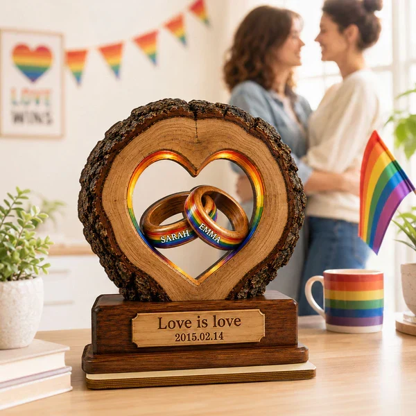 Personalized 2-Layer Wooden Plaque with Rainbow Rings, Unique Gift for LGBTQ Couple Anniversary - Image 3