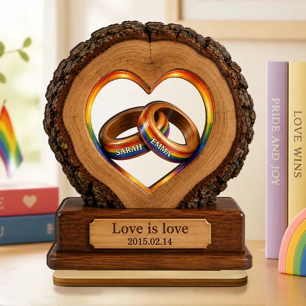 Personalized 2-Layer Wooden Plaque with Rainbow Rings, Unique Gift for LGBTQ Couple Anniversary - Image 6