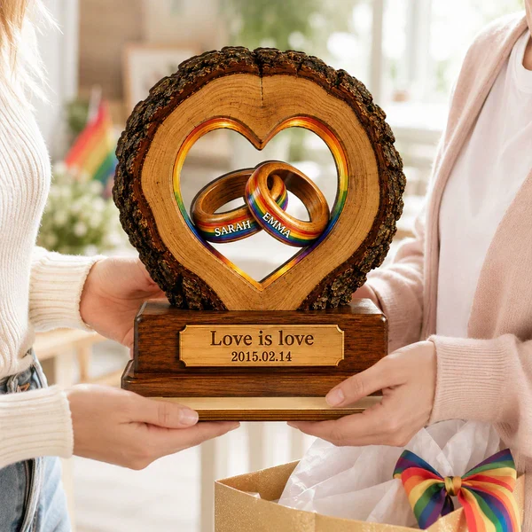 Personalized 2-Layer Wooden Plaque with Rainbow Rings, Unique Gift for LGBTQ Couple Anniversary - Image 7