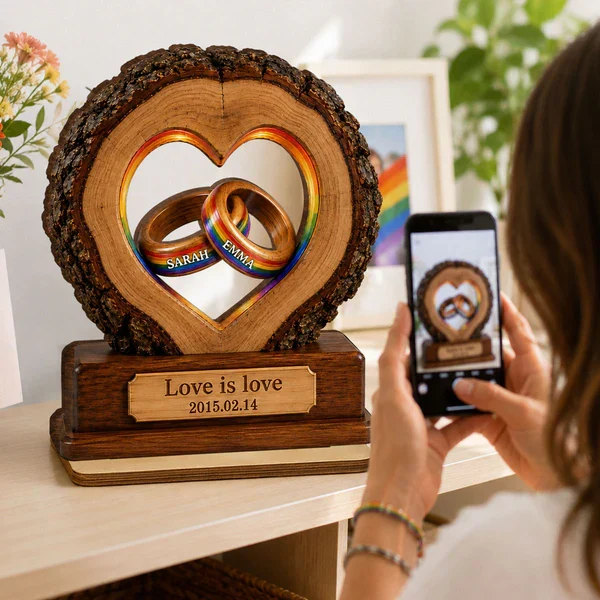 Personalized 2-Layer Wooden Plaque with Rainbow Rings, Unique Gift for LGBTQ Couple Anniversary - Image 8