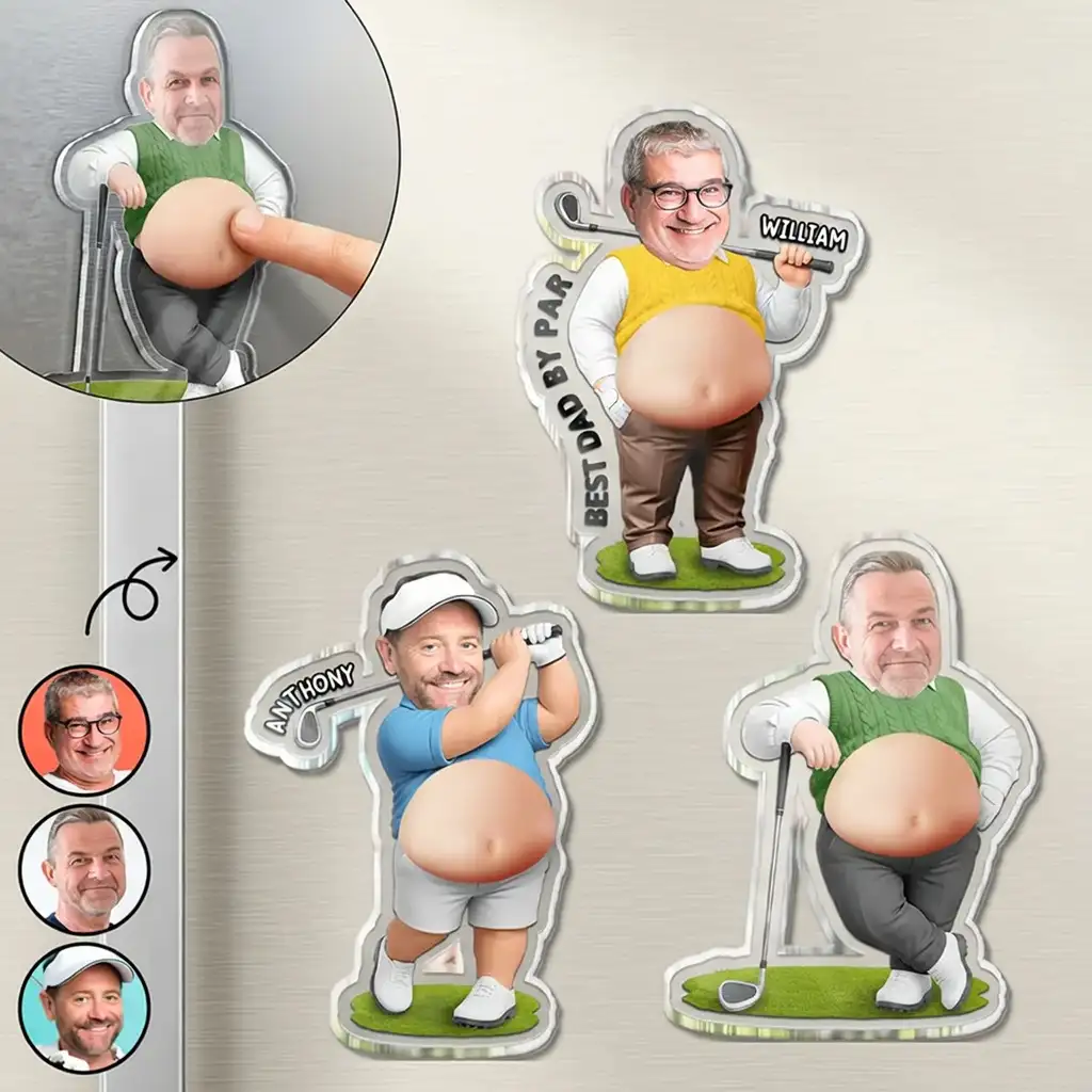 Personalized Custom Photo Silicone Belly Acrylic Magnet, Golf Dad Squishy Fridge Decor, Unique Creative Gift