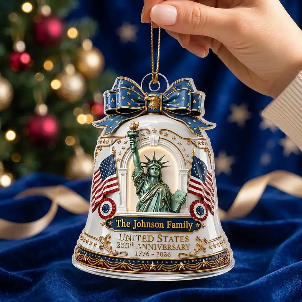 Personalized Acrylic Ornament With Statue of Liberty & Flags, Unique Americana Gift for Family