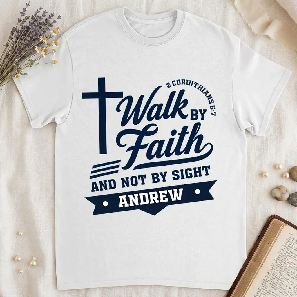 Personalized Classic Tee With Walk by Faith Cross Design, Unique Christian Gift for Him
