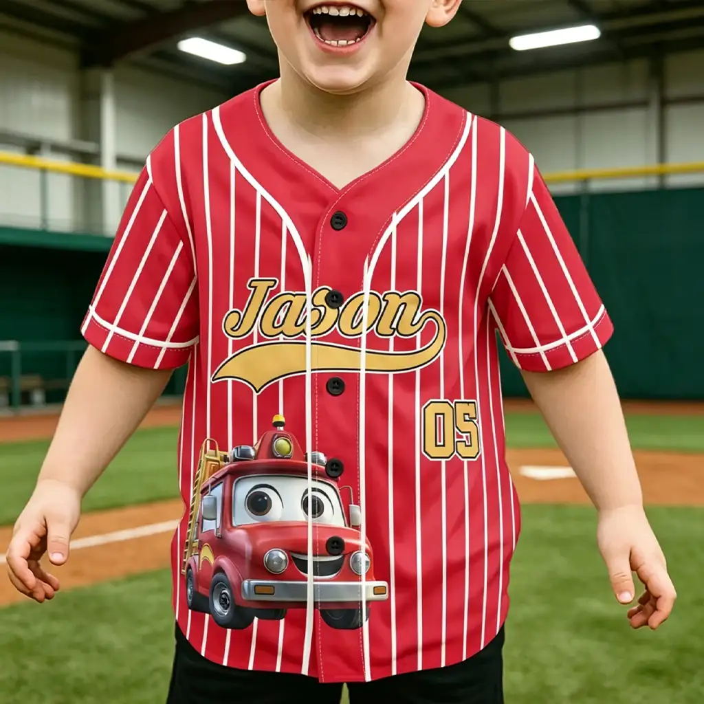 Personalized Kids Jersey Shirt With Cartoon Fire Truck, Red Pinstripe Style, Unique Creative Gift For Young Vehicle Fans