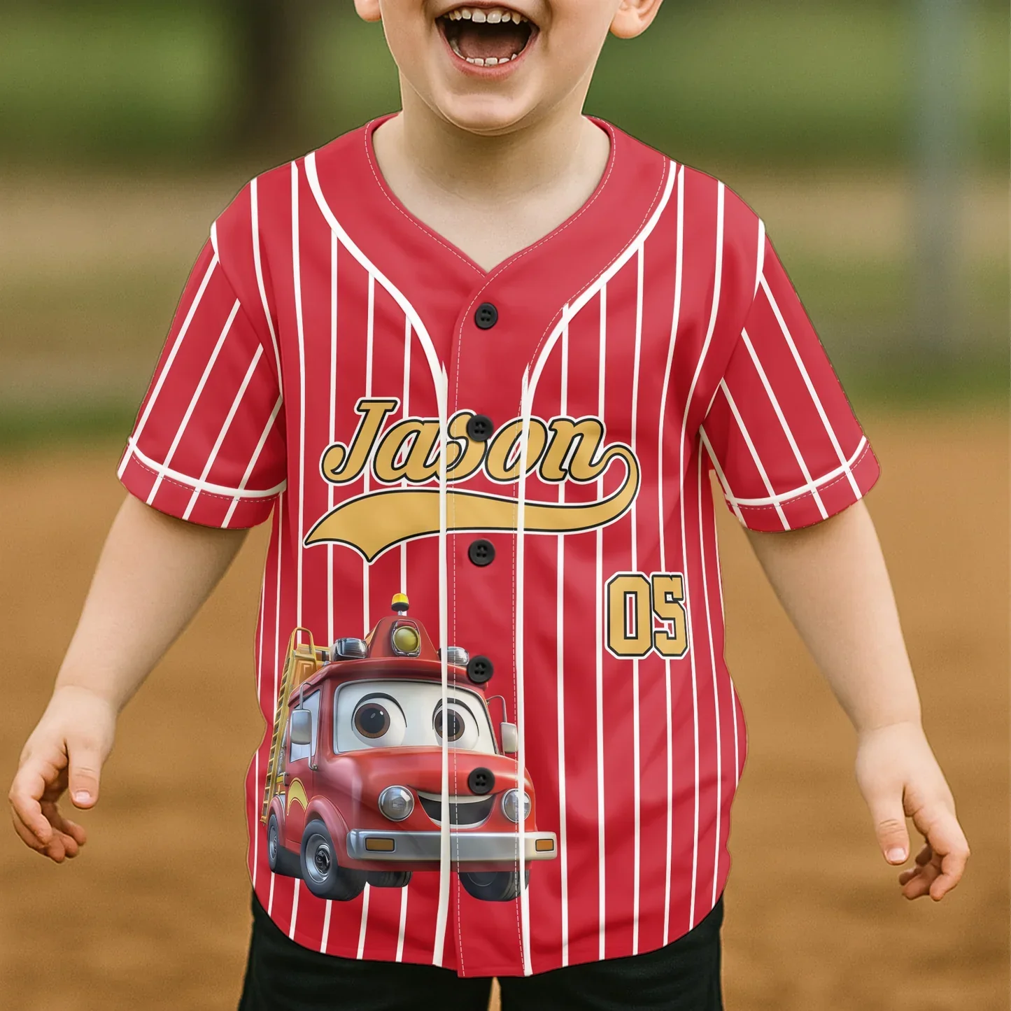 Personalized Kids Jersey Shirt With Cartoon Fire Truck, Red Pinstripe Style, Unique Creative Gift For Young Vehicle Fans - Image 2