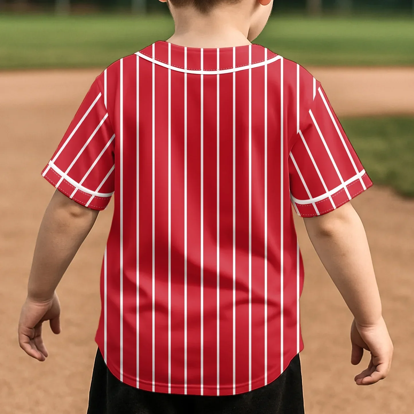 Personalized Kids Jersey Shirt With Cartoon Fire Truck, Red Pinstripe Style, Unique Creative Gift For Young Vehicle Fans - Image 4