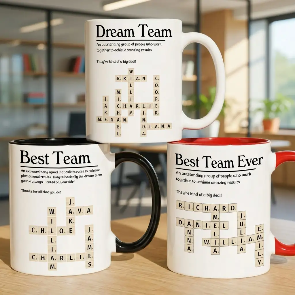 Personalized Ceramic Mug, Custom Scrabble Style Team Layout, Unique Coworker Gift for Office Coffee