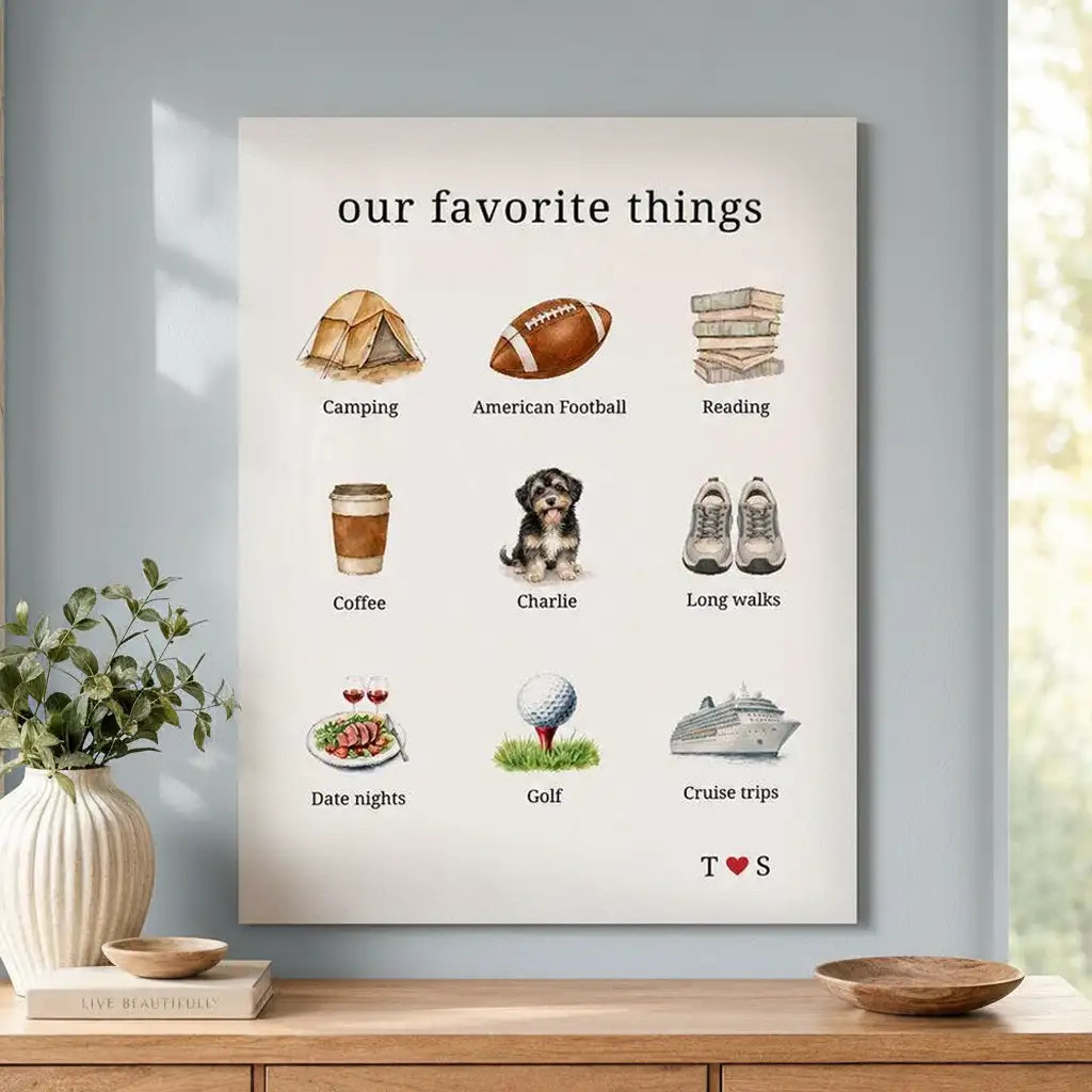 Personalized Poster with Favorite Things Icons, Couple & Dog Wall Art, Unique Creative Gift