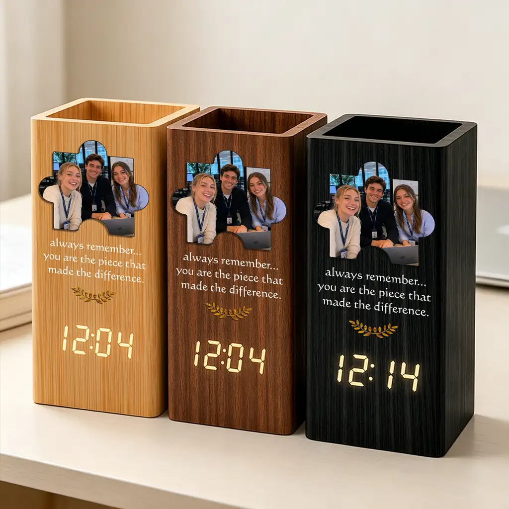 Wooden Pen Holder Clock, Always Remember Photo Design, Creative Gift for Teacher or Coworker