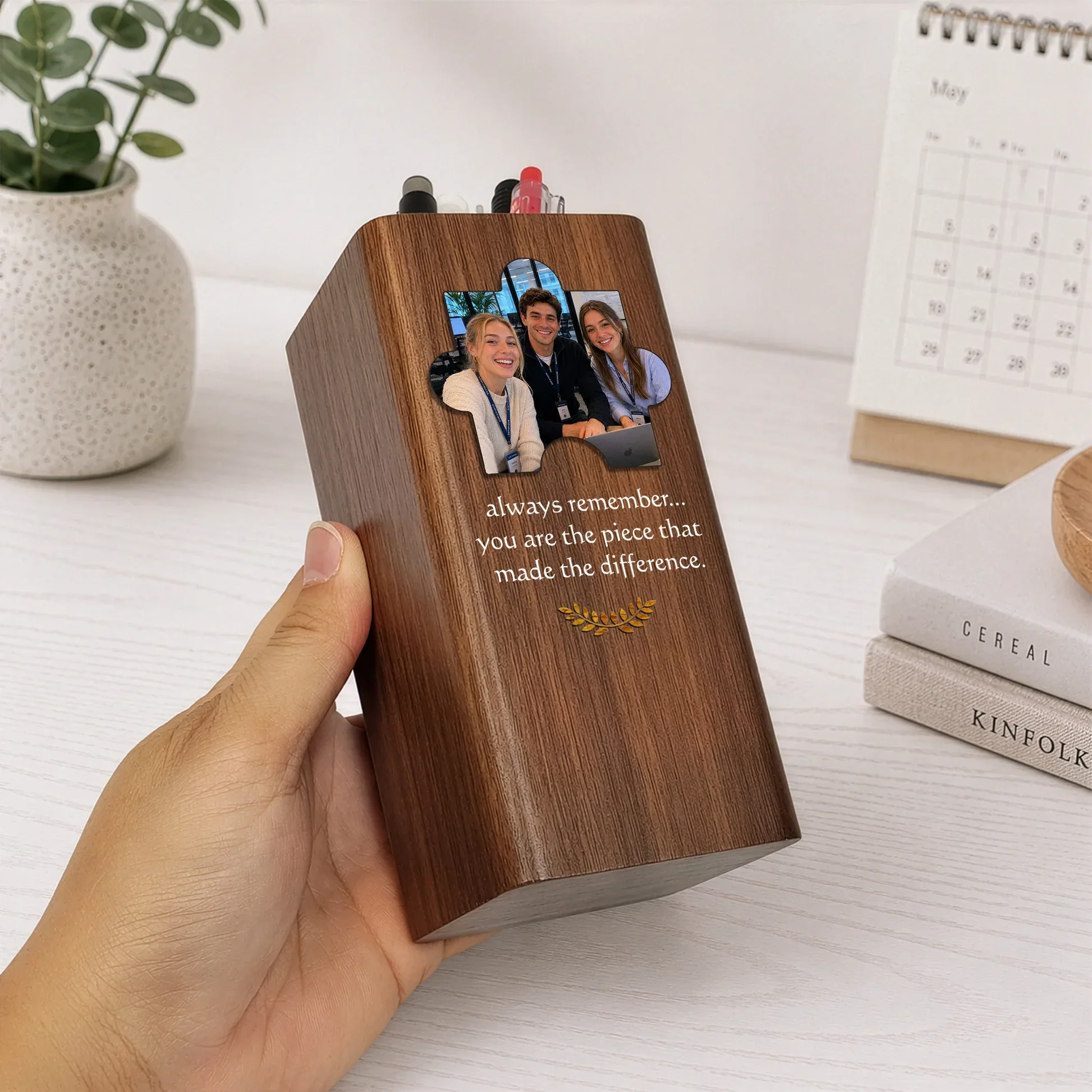 Wooden Pen Holder Clock, Always Remember Photo Design, Creative Gift for Teacher or Coworker - Image 3