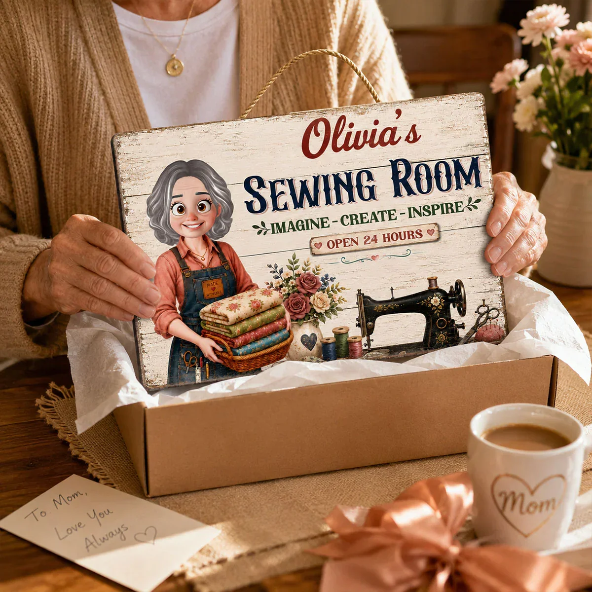 Personalized Wooden Sign for Sewing Lover, Cartoon Crafter With Fabrics, Unique Creative Craft Room Gift - Image 2