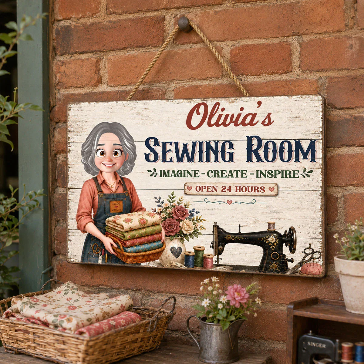 Personalized Wooden Sign for Sewing Lover, Cartoon Crafter With Fabrics, Unique Creative Craft Room Gift - Image 6