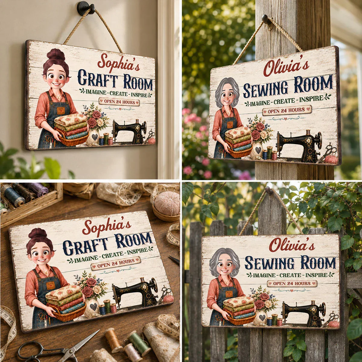 Personalized Wooden Sign for Sewing Lover, Cartoon Crafter With Fabrics, Unique Creative Craft Room Gift - Image 7