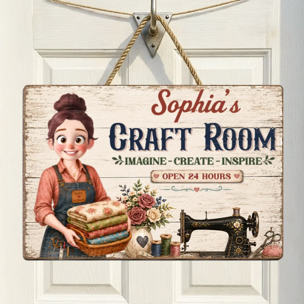 Personalized Wooden Sign for Sewing Lover, Cartoon Crafter With Fabrics, Unique Creative Craft Room Gift - Image 8