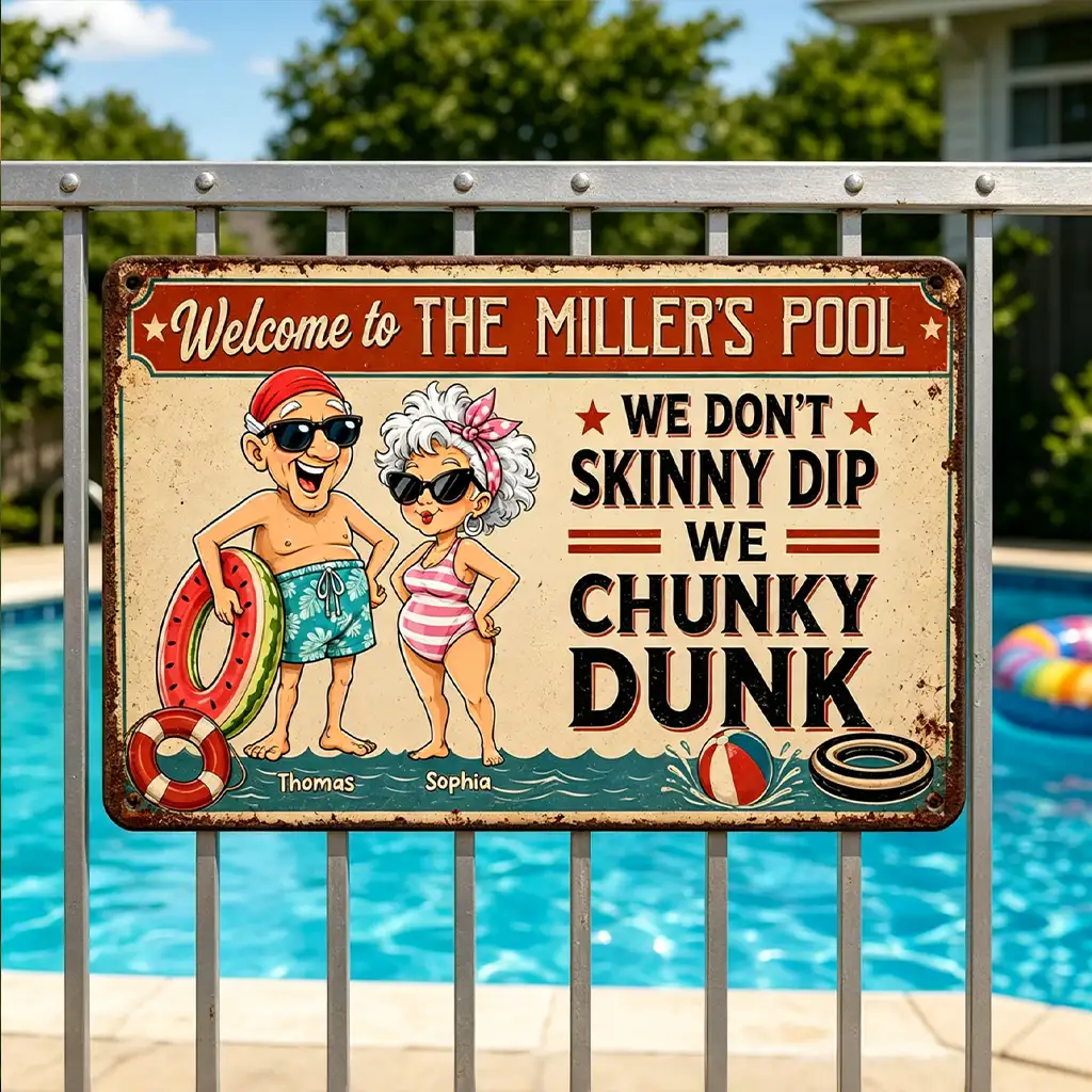 Personalized Rectangular Iron Sign, Vintage Chunky Dunk Pool Decor with Smiling Swimmers, Unique Gift for Pool Owners