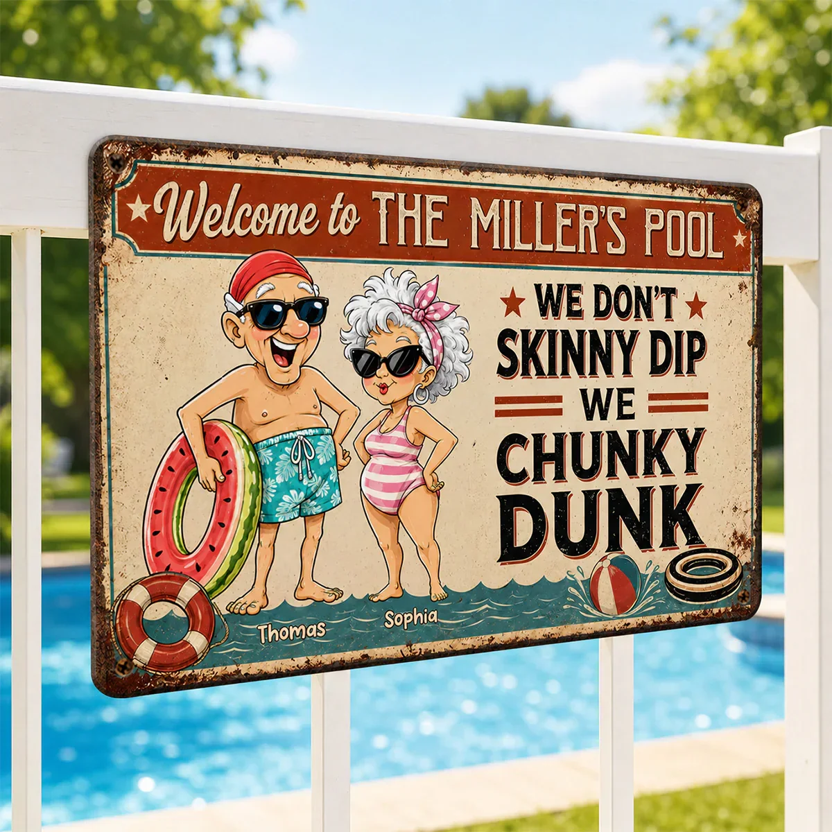 Personalized Rectangular Iron Sign, Vintage Chunky Dunk Pool Decor with Smiling Swimmers, Unique Gift for Pool Owners - Image 2