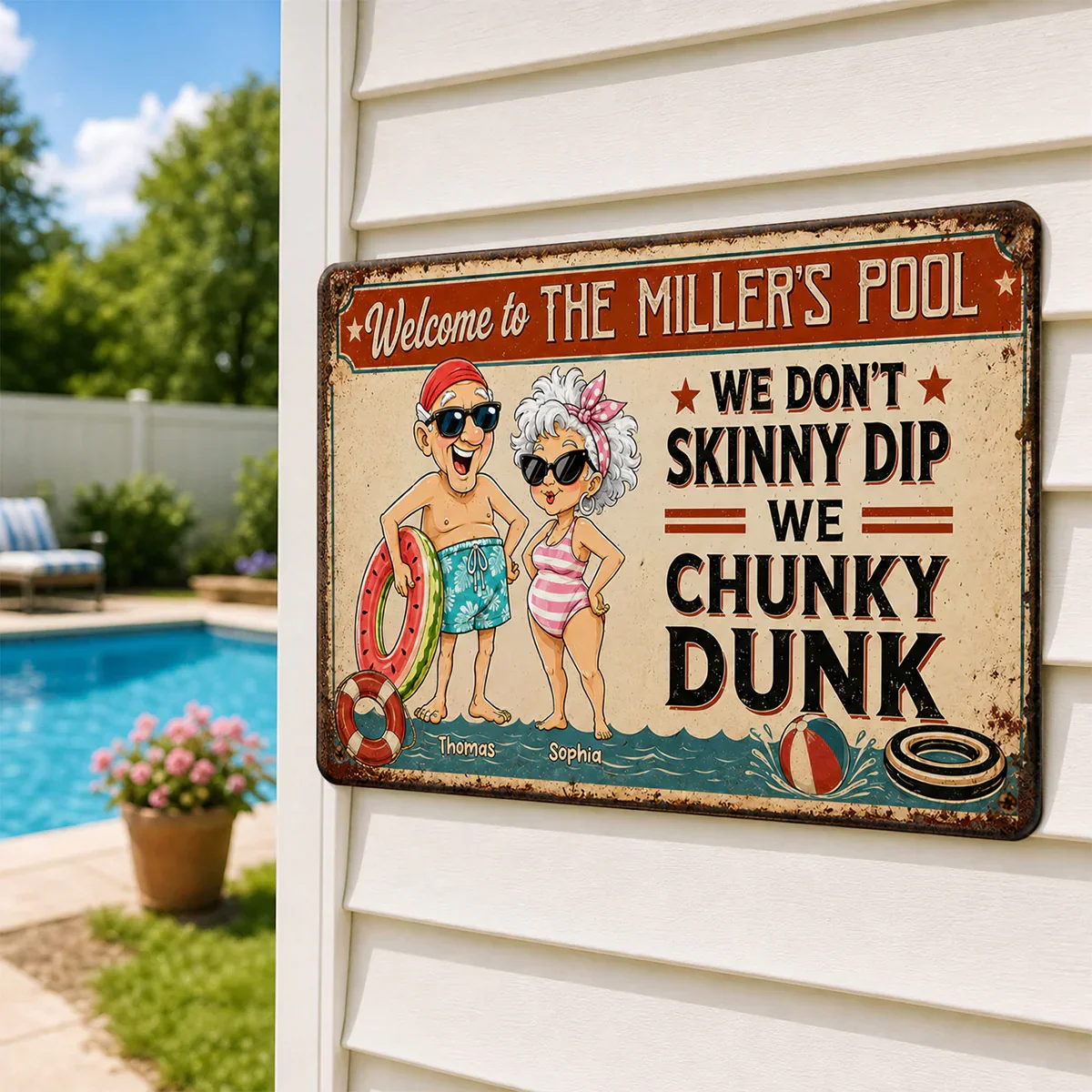 Personalized Rectangular Iron Sign, Vintage Chunky Dunk Pool Decor with Smiling Swimmers, Unique Gift for Pool Owners - Image 3