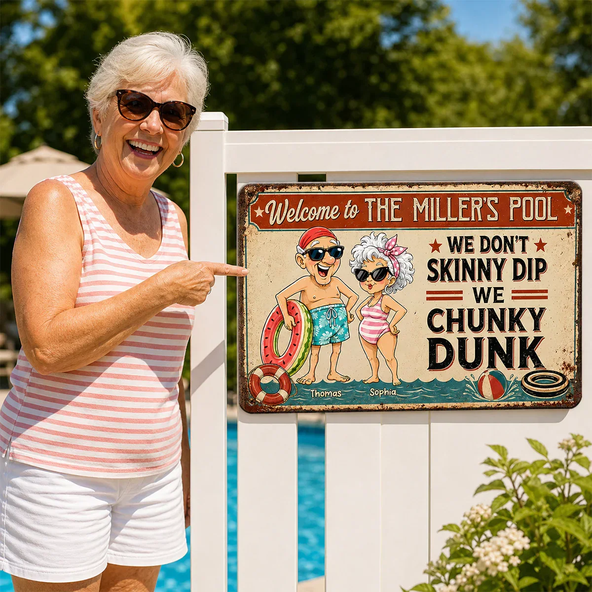 Personalized Rectangular Iron Sign, Vintage Chunky Dunk Pool Decor with Smiling Swimmers, Unique Gift for Pool Owners - Image 4