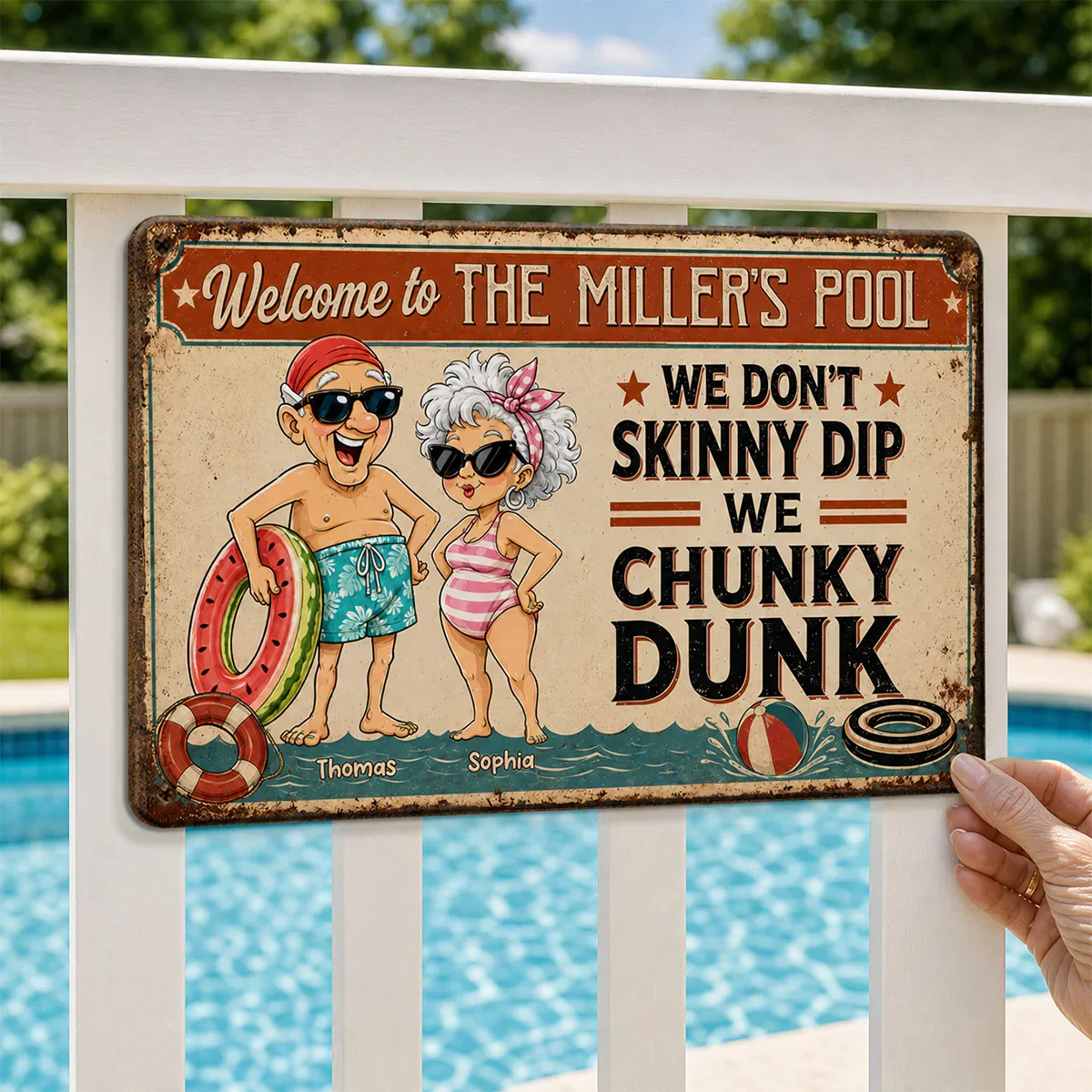 Personalized Rectangular Iron Sign, Vintage Chunky Dunk Pool Decor with Smiling Swimmers, Unique Gift for Pool Owners - Image 5