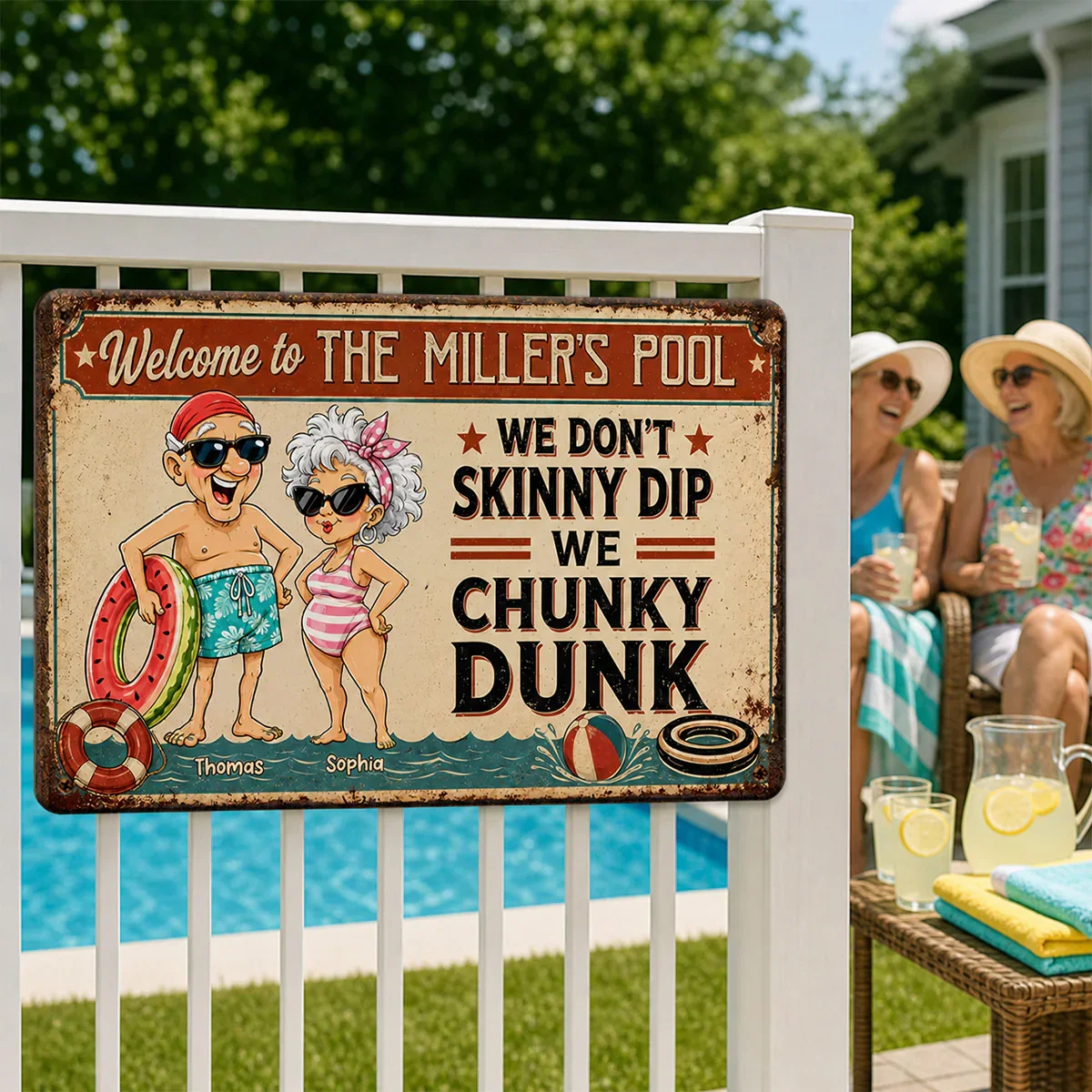 Personalized Rectangular Iron Sign, Vintage Chunky Dunk Pool Decor with Smiling Swimmers, Unique Gift for Pool Owners - Image 6