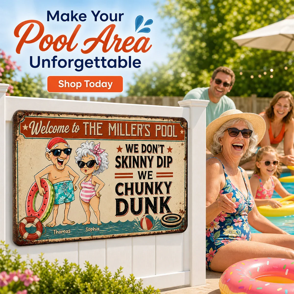 Personalized Rectangular Iron Sign, Vintage Chunky Dunk Pool Decor with Smiling Swimmers, Unique Gift for Pool Owners - Image 7