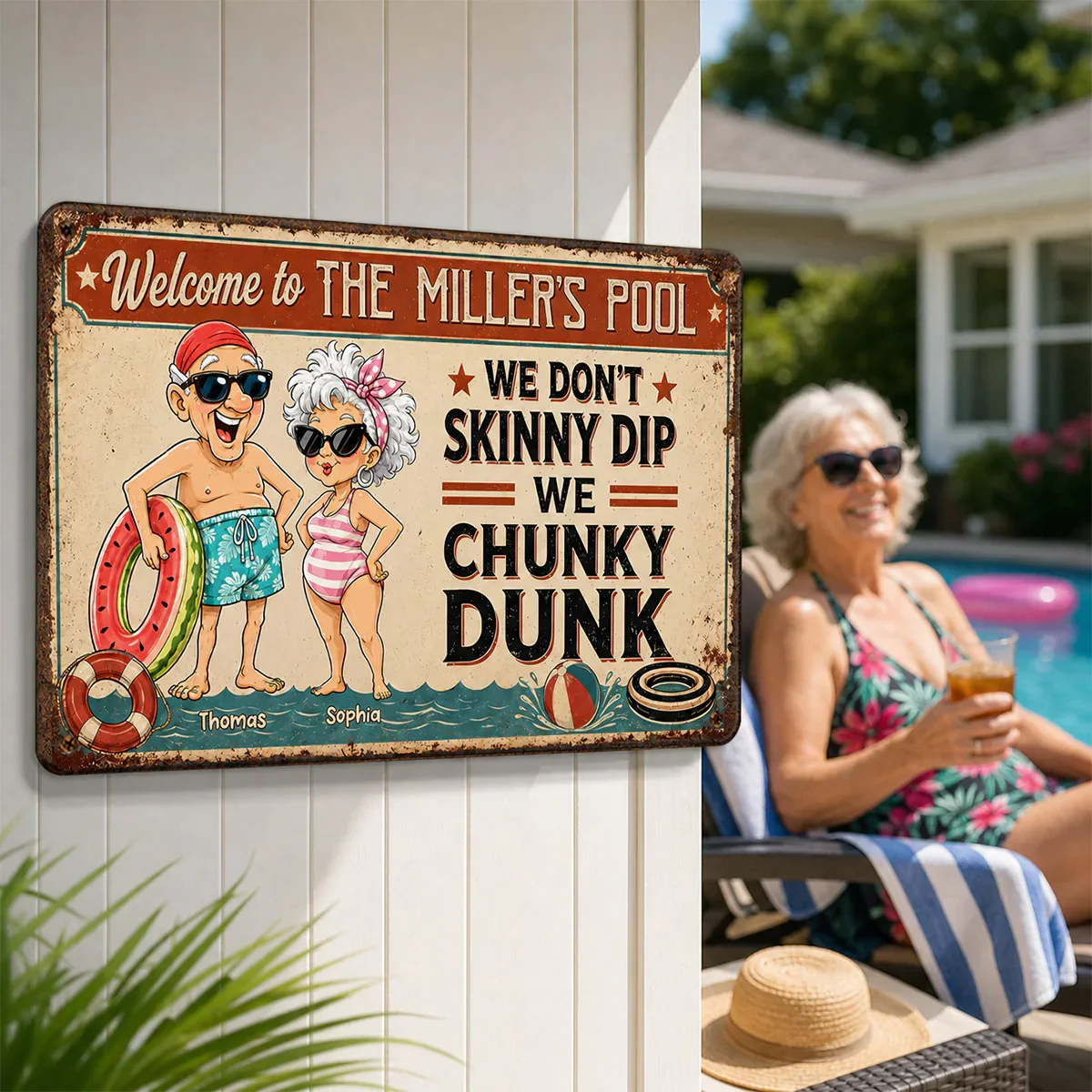 Personalized Rectangular Iron Sign, Vintage Chunky Dunk Pool Decor with Smiling Swimmers, Unique Gift for Pool Owners - Image 8