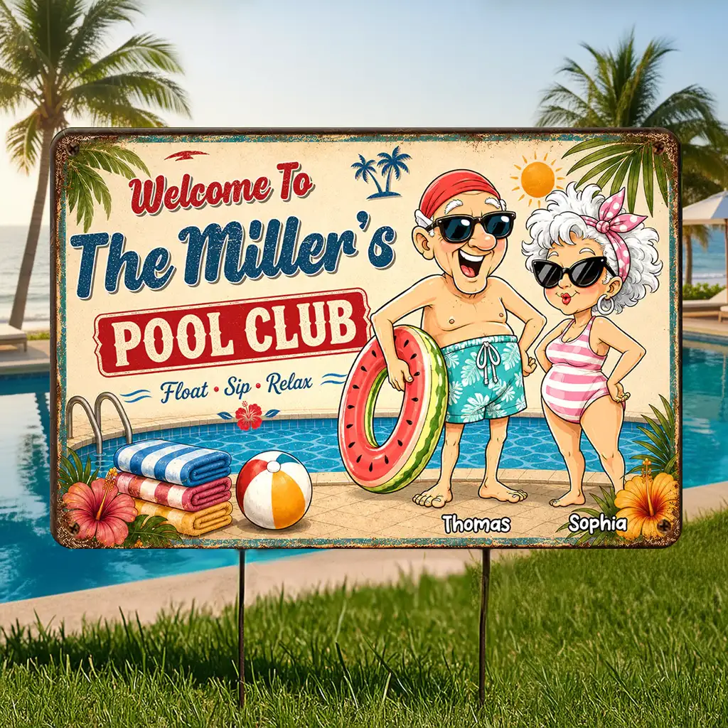 Personalized Rectangular Iron Sign, Poolside Couple Cartoon, Creative Gift for Pool Loving Couples