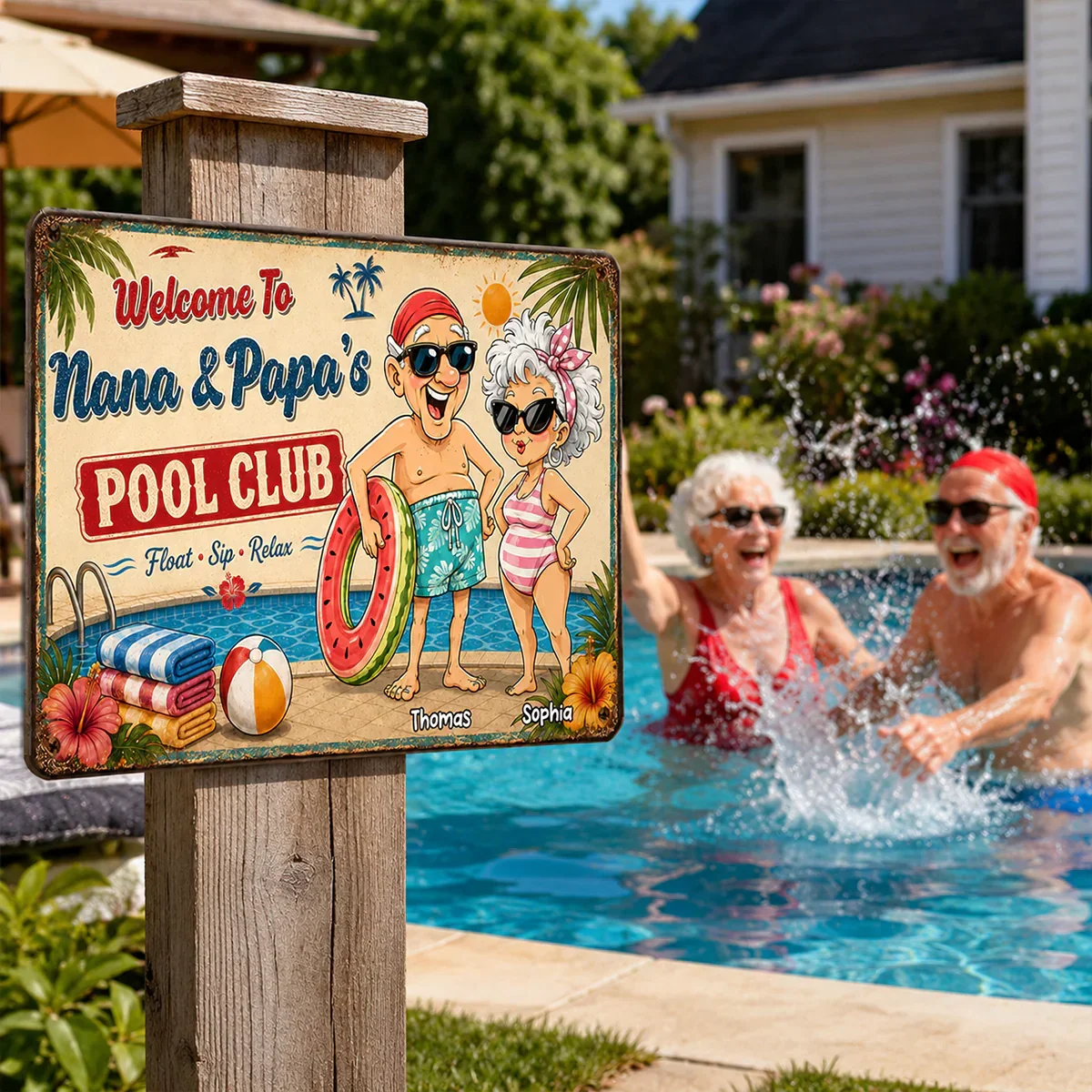 Personalized Rectangular Iron Sign, Poolside Couple Cartoon, Creative Gift for Pool Loving Couples - Image 2