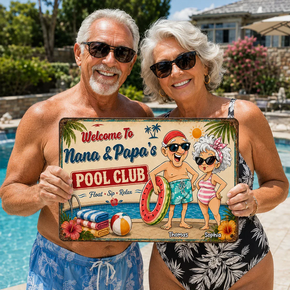 Personalized Rectangular Iron Sign, Poolside Couple Cartoon, Creative Gift for Pool Loving Couples - Image 3