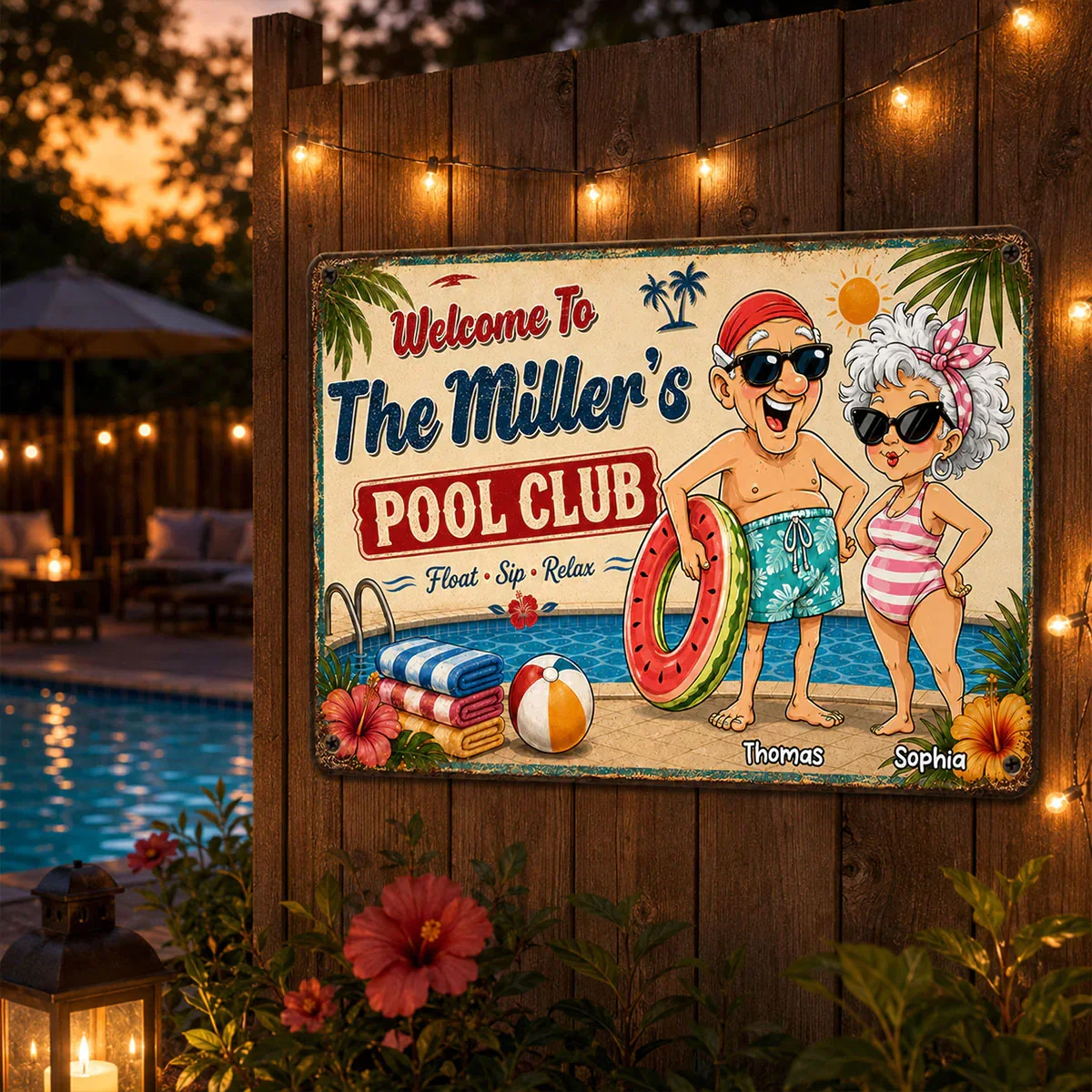 Personalized Rectangular Iron Sign, Poolside Couple Cartoon, Creative Gift for Pool Loving Couples - Image 4